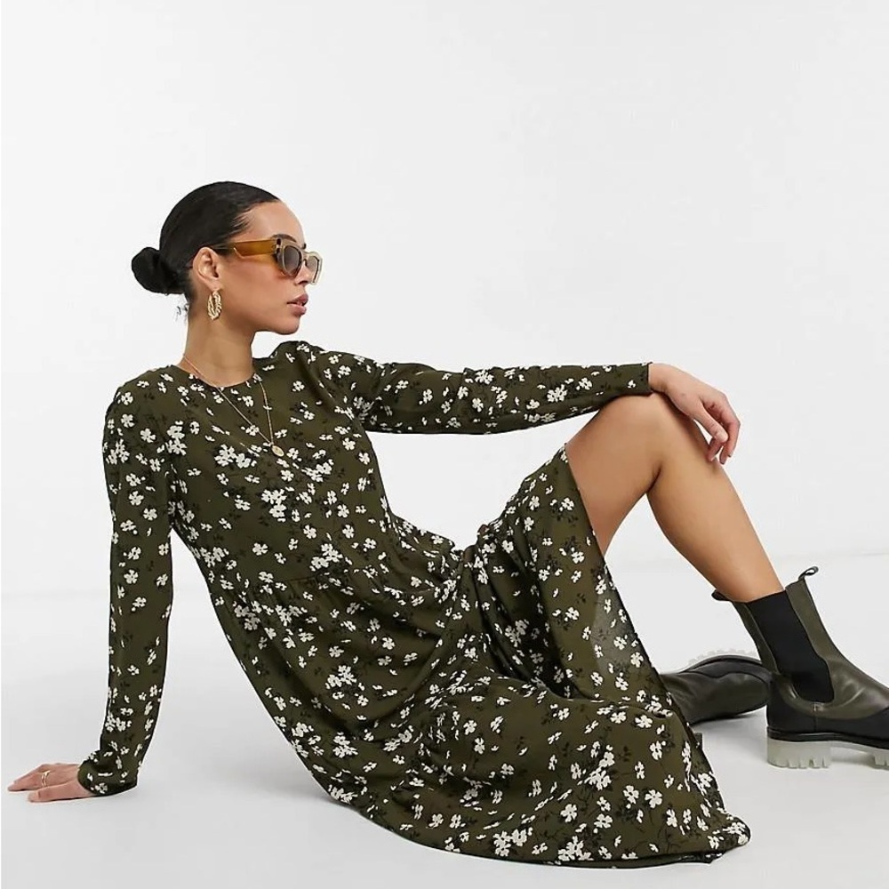 ASOS Womens Olive Green and White Floral Long Sleeve Midi Dress - Picture 3 of 9